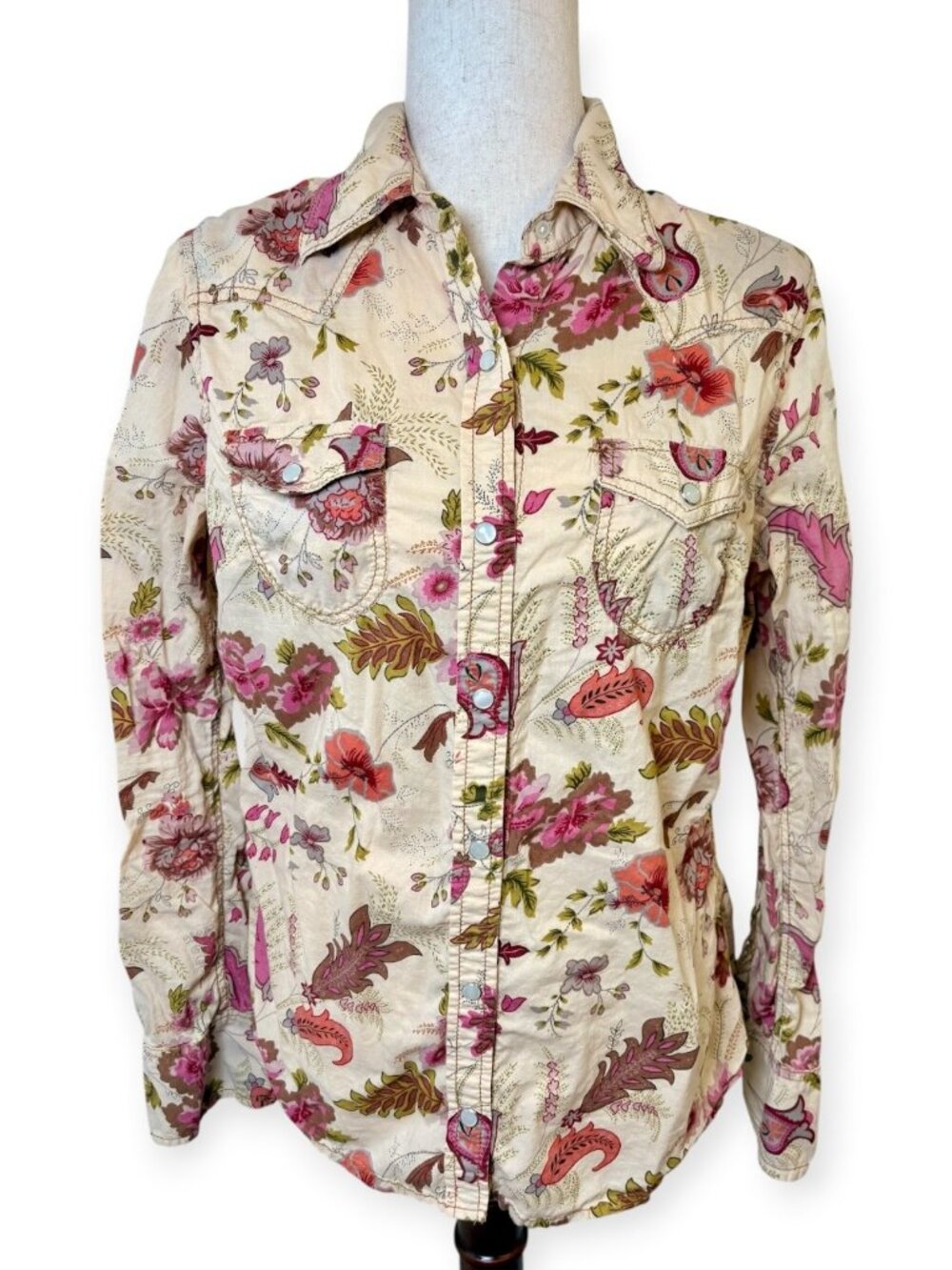 Vintage Y2K Gap Cream Purple Floral Paisley Pearl Snap Western Shirt Size 10